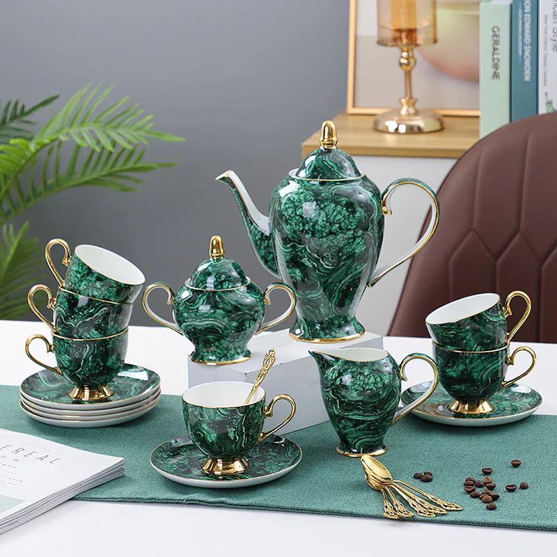 Coffee Tea Sugar - Bone China Bule Drinkware, Green Gold